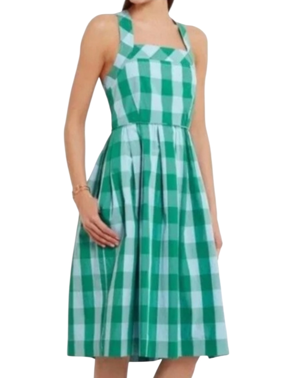 J. Crew Green and White Gingham Sleeveless Fit-and-Flare Dress